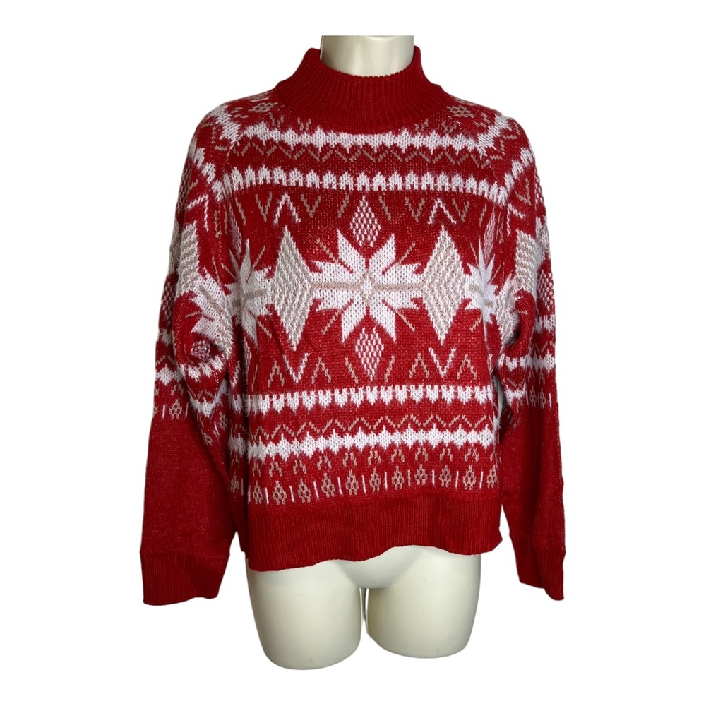 Zaful Women’s Red Fair Isle Snowflake Fuzzy Cropped Sweater Holiday Christmas